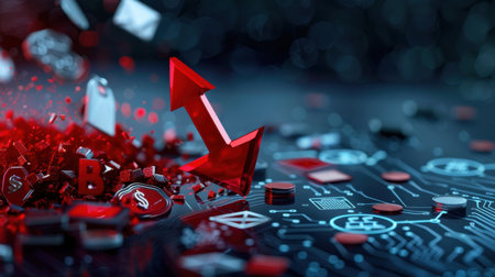 This striking image features a red upward arrow symbolizing growth amidst various technological elements, representing innovation and success in the finance sector.の素材
