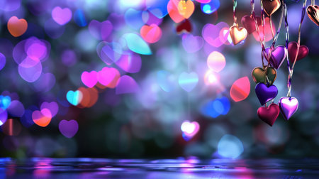 A mesmerizing background featuring colorful heart-shaped bokeh lights, perfect for conveying romance, celebration, or love themes in your projects.の素材