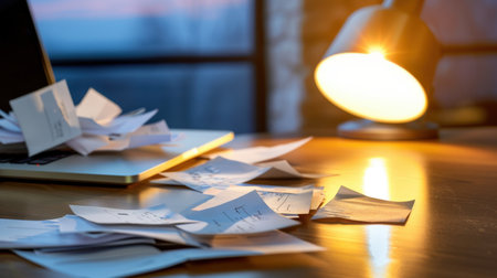 A warm lamp casts light over a disorganized desk with scattered papers and a laptop, creating a cozy yet chaotic atmosphere perfect for inspiration.の素材