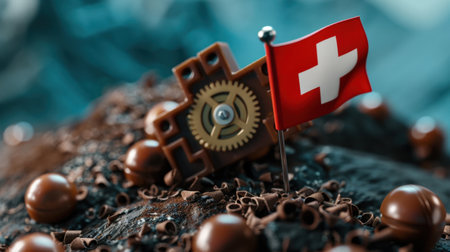 A captivating scene depicting a Swiss flag planted on a chocolate landscape adorned with gears, representing the fusion of nature and industry.の素材