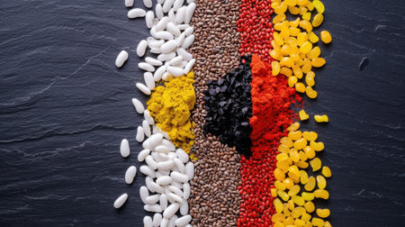 An artistic arrangement of colorful spices, seeds, and pulses on a dark slate background, showcasing the diversity and vibrancy of natural ingredients.の素材