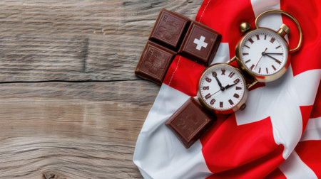This image showcases vintage watches alongside delectable Swiss chocolates on a rustic wooden surface featuring a Swiss flag, symbolizing elegance and heritage.の素材