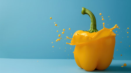 A vibrant yellow bell pepper creates an eye-catching splash against a bright blue background, showcasing the dynamic motion of juice droplets. Perfect for food photography.の素材