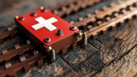 A striking close-up image showcasing a red Swiss railway sign positioned on a wooden track. The detailed textures and colors highlight the intersection of industry and artistry.の素材