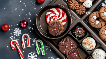 This vibrant assortment of holiday cookies and candies showcases colorful treats perfect for festive celebrations. Ideal for joyful gatherings and sweet indulgence.の素材
