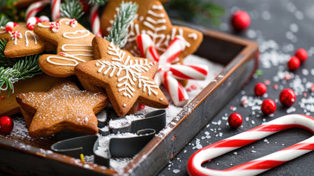 A beautifully arranged display of gingerbread cookies decorated with icing and festive candy canes, perfect for celebrating the holiday spirit.の素材
