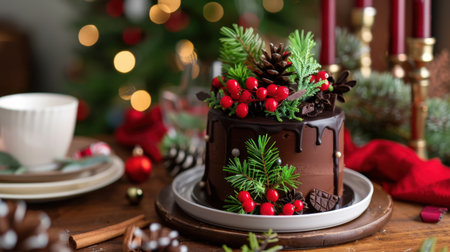 A beautifully crafted chocolate cake adorned with seasonal decorations, including pinecones and vibrant berries, perfect for holiday gatherings.の素材