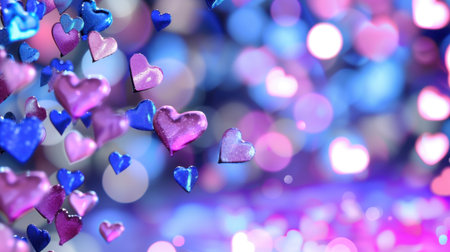 This captivating image showcases colorful hearts in shades of pink and blue, with a dreamy bokeh background that enhances its romantic vibe. Perfect for themes of love and joy.の素材