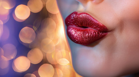 This close-up image captures glossy red lips adorned with sparkling shine against a beautifully blurred bokeh background, showcasing exquisite beauty and elegance.の素材