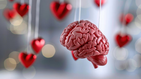 This striking image features a detailed brain suspended amid vibrant red hearts, symbolizing the intricate relationship between intellect and emotion.の素材
