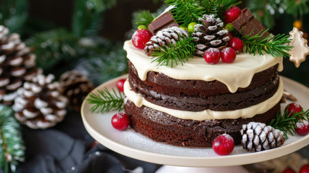 This beautiful chocolate layer cake features creamy frosting and delightful holiday decorations, making it perfect for seasonal celebrations and gatherings.の素材
