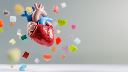 A vibrant heart model surrounded by colorful floating shapes and hearts, symbolizing love and emotion, perfect for health and creative projects.の素材