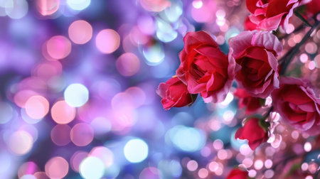 This stunning image features a close-up of artificial roses against a soft, colorful bokeh background. The harmonious blend of pink and blue hues creates a romantic and elegant atmosphere suitable for various floral design projects.の素材
