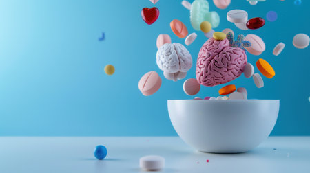 A dynamic 3D render showcasing a brain and heart alongside colorful pills, representing themes of health, wellness, and mental and physical care.の素材