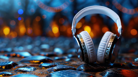 A stunning image of stylish white headphones resting on a reflective surface, surrounded by colorful blurred lights, perfect for music and lifestyle themes.の素材