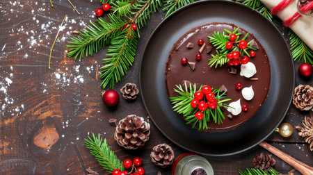 A rich chocolate cake beautifully adorned with green pine sprigs and red berries, perfect for winter celebrations and holiday gatherings.の素材