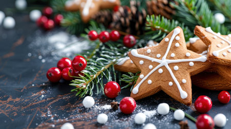 A delightful arrangement of gingerbread star cookies adorned with white icing and colorful sprinkles, surrounded by pine branches and berries, creating a joyful holiday scene.の素材