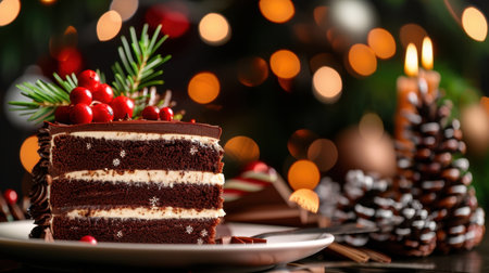 A luscious slice of chocolate cake adorned with vibrant berries and pine branches, set against a glowing holiday backdrop, perfect for seasonal celebrations.の素材
