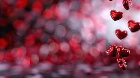 This captivating image features floating red hearts over a stunning bokeh background, perfect for themes of love, romance, and celebration, ideal for various occasions.の素材