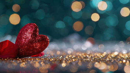 This captivating image features a shimmering red heart shape surrounded by sparkling glitter and a beautiful bokeh background, perfect for romantic occasions.の素材