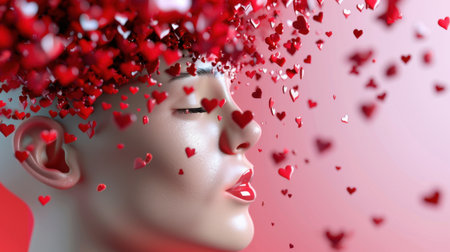 An artistic representation of a human face adorned with floating heart shapes, evoking themes of love, emotion, and passion in vibrant red hues.の素材
