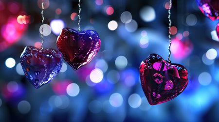 This enchanting image features colorful glass hearts with a soft bokeh background, evoking feelings of romance and celebration. Perfect for love-themed designs.の素材