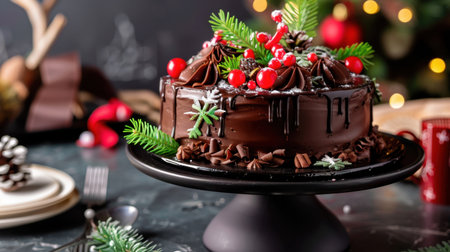 A stunning chocolate cake adorned with vibrant berries and pine branches, perfect for holiday celebrations and winter gatherings, evoking warmth and joy.の素材