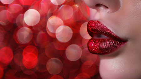 This close-up image showcases glossy red lips adorned with glitter, set against a vivid bokeh background, emphasizing beauty and elegance.の素材