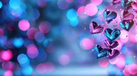 A vibrant display of colorful glitter hearts against a dreamy bokeh background. This image captures a joyful and romantic spirit perfect for celebrations.の素材