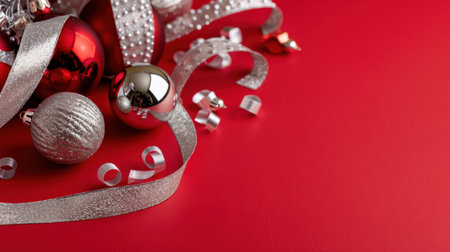 Vibrant holiday decorations featuring shiny red and silver ornaments intertwined with elegant ribbons on a bright red background, perfect for festive celebrations.の素材