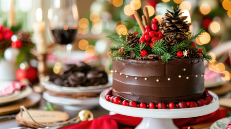 A beautifully decorated chocolate cake featuring pine cones and berries, perfect for holiday gatherings and festive celebrations. Enhance your dining experience with this luscious dessert set against a joyful backdrop.の素材