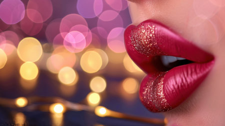 A striking close-up image featuring beautifully embellished red lips adorned with sparkling glitter, set against a dreamy bokeh background of soft lights.の素材