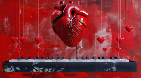 A striking visual of a heart delicately suspended above a piano, set against a vivid red background. This artwork conveys deep emotions and creativity, perfect for expressive themes.の素材