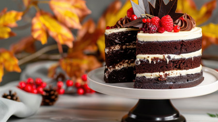 A tempting chocolate layer cake adorned with fresh raspberries and seasonal leaves, perfect for autumn celebrations or holiday gatherings.の素材