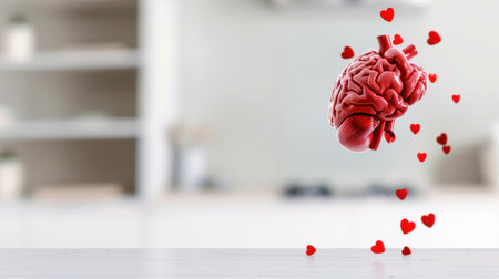 A visually captivating image depicting a heart-shaped brain surrounded by floating red hearts, symbolizing love, passion, and creativity in a stylish indoor setting.の素材
