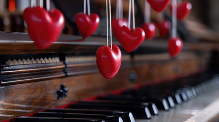 A visually captivating image featuring red hearts suspended above piano keys, creating a romantic ambiance perfect for music and love-themed projects.の素材