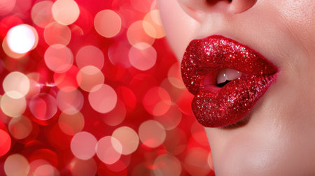 This stunning close-up image showcases glossy red lips adorned with glitter, set against a vibrant bokeh background, perfect for beauty and fashion themes.の素材