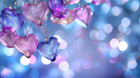 Colorful heart-shaped ornaments hang gracefully against a bright, softly blurred backdrop, creating a romantic and festive atmosphere perfect for celebrations.の素材