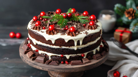 A beautiful festive chocolate cake adorned with red berries, chocolate decorations, and pine accents, perfect for holiday celebrations and gatherings.の素材