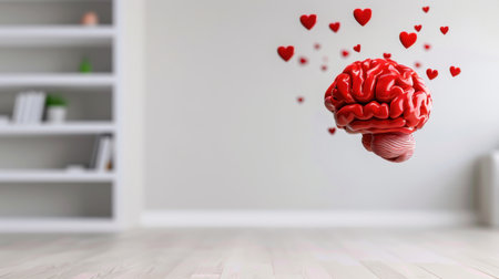 A vibrant red brain surrounded by floating hearts in a minimalist setting, illustrating the connection between love and emotion, perfect for creative projects.の素材
