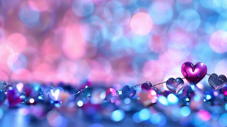 A captivating image featuring colorful heart decorations scattered across a surface, set against a dreamy, blurred background of soft pastel tones. Ideal for romantic themes.の素材