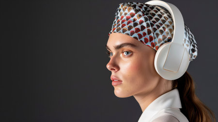 A striking portrait of a modern woman wearing stylish headphones and a colorful headscarf, showcasing a blend of fashion and technology in a studio environment.の素材
