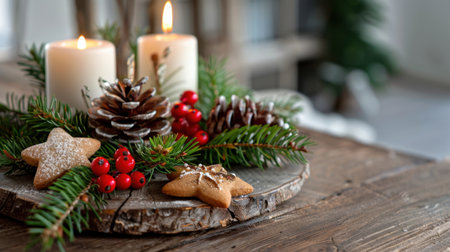 A warm and inviting holiday arrangement featuring candles, pinecones, berries, and gingerbread cookies on a rustic wooden surface, perfect for festive gatherings.の素材