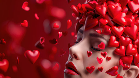 A stunning portrait of a woman with a cascade of red hearts surrounding her, evoking feelings of love and romance, perfect for Valentineの素材