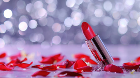 A stunning red lipstick stands elegantly among scattered rose petals, creating a romantic and glamorous aesthetic. The soft focus bokeh background adds depth to this beauty concept.の素材