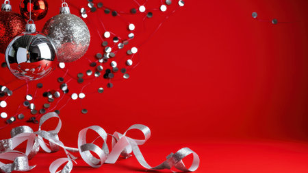 This vibrant image features shiny Christmas ornaments and silver ribbons set against a bold red background, perfect for inspiring holiday cheer and creativity.の素材