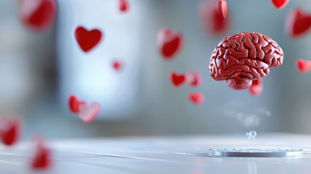 This captivating image depicts a brain levitating amidst vibrant red hearts, symbolizing love and emotion. The artistic arrangement invites contemplation on the connection between intellect and feelings. Perfect for projects exploring love and psychology.の素材