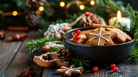 A collection of beautifully decorated gingerbread cookies presented in a dark bowl, surrounded by pine branches, berries, and soft candlelight, evoking seasonal warmth.の素材
