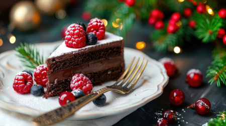 A stunning slice of decadent chocolate cake garnished with fresh raspberries and blueberries. Perfect for festive celebrations and holiday gatherings.の素材