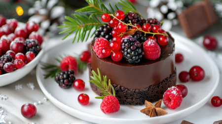 A beautifully arranged chocolate cake adorned with fresh berries and pine leaves, perfect for seasonal celebrations and festive gatherings.の素材